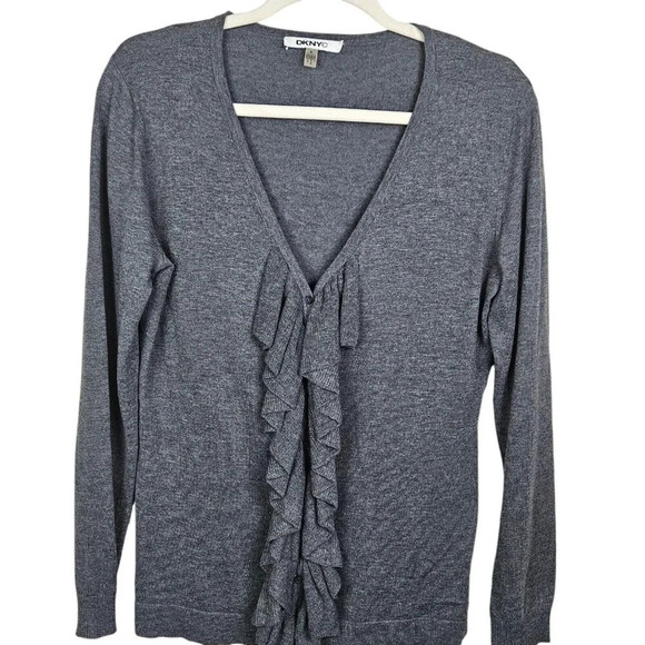 DKNY Gray Sweater Gray Cardigan Ruffles V-Neck‎ Long Sleeve Button Size Medium - Picture 1 of 11